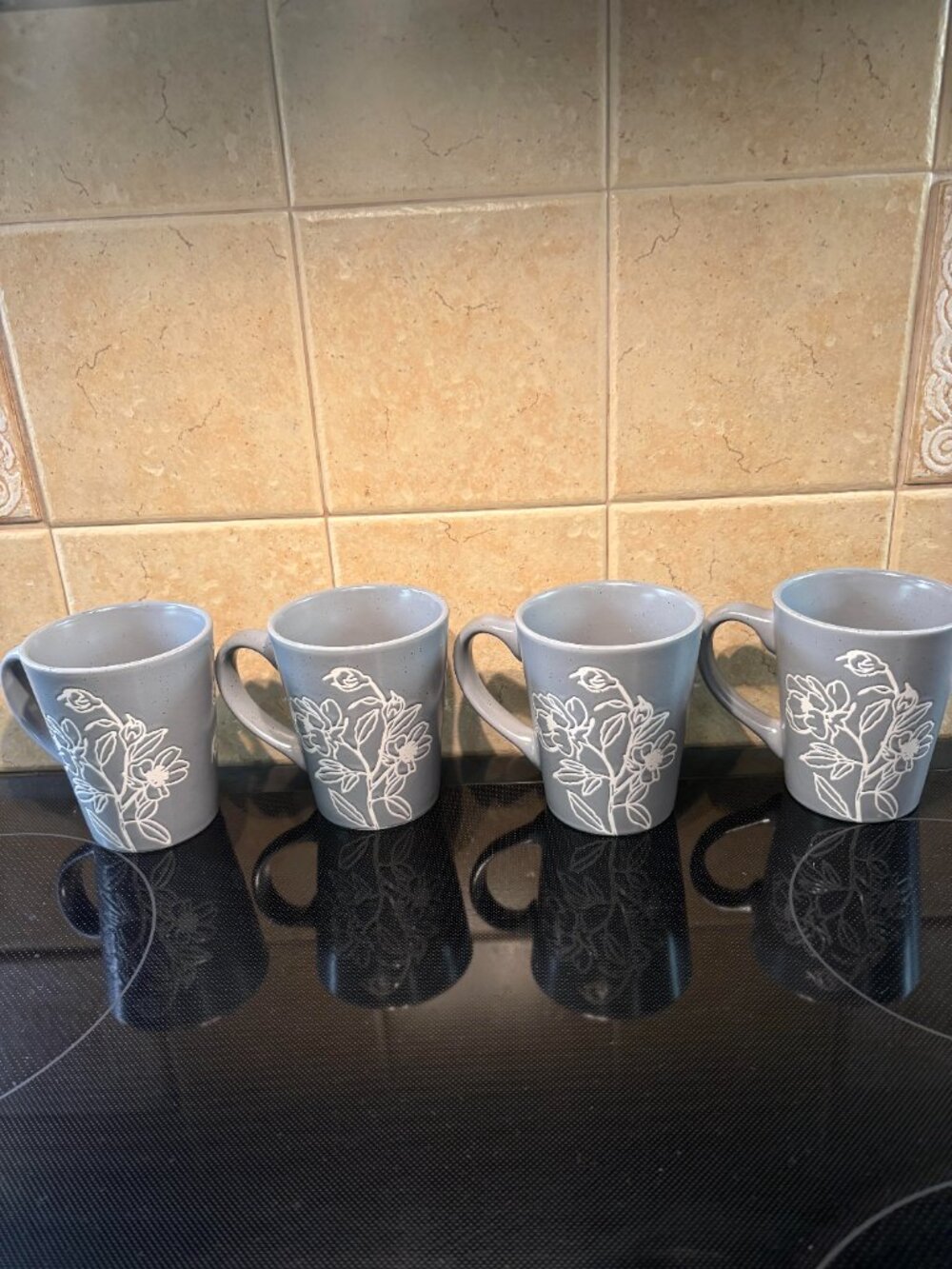 Food Network Rosemary Collection Mugs Set of 4 Gray Floral Stoneware Coffee Cups